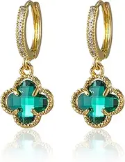 [IHOIU] Lucky Charm Four-Leaf Clover Earrings: 925 Silver Needle，Available in Black or Green, Embellished with Square-Cut Cubic Zirconia and 18K Gold Plating!