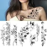 10 Sheets Black Flowers Temporary Tattoos for Women Girls, Sexy Fake Tattoos Waterproof Tattoo Stickers for Women Girls Adult, Peony Rose Flower Tattoos Temporary Realistic Tattoos Body Art Neck Collarbone