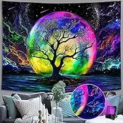 Faxdong Blacklight Moon Tapestry, UV Reactive Tree Lake Colorful Starry Night Galaxy Space Clouds Wall tapestry for Bedroom Decor 68×90 inch