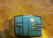 New Mens Sterling Silver Turquoise Inlay Ring Navajo Candace Skeet Size 10 1/4