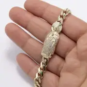 10K Yellow Gold CZ Virgin Mary 7mm Cuban Link Chain Bracelet Box Lock