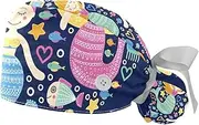 [WOSHJIUK] Working Hat 2 Pack Scrub Caps for Women,Love sea Heart and Mermaid,Tie Back Cap Adjustable Scrub Hat