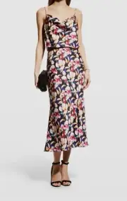 $220 Aidan Mattox Women Black Floral Satin Midi Dress Size 0