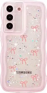 ZTOFERA for Samsung Galaxy S22 Plus Case Wavy Edge,Glitter Star & Bow Pattern Phone Case Cute for Girl Women, Soft TPU Shockproof Full Protection Clear Phone Cover for Samsung S22 Plus-Pink Bow