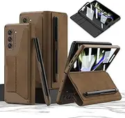 [SHIEID] Galaxy Z Fold 5 Case with S Pen Holder Genuine Leather Wallet Cover with Detachable Pen Slot, Card Holder, Kickstand, and Screen Protector for Samsung Z Fold 5 Phone Case, Brown