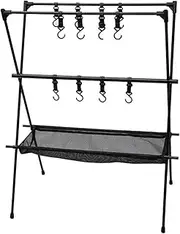 Vomeko Cookware Hanging Rack,Camping Triangle Hanging Stand,with Mesh and Hook Multilayer C OLLAPSIBLE Space Saving Camping Tools Hangin