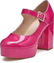[Coutgo] Women's T-Strap Round Toe Platform Heels Chunky Heel Patent Mary Jane Dress Shoes