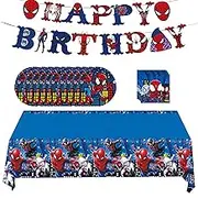 32Pcs Superhero Spiderman Party Tableware Set,Marvel Avengers Super Hero Spider-man Party Plastic Table Cloth Banners Paper Plates Napkins for Kids Boys Birthday Superhero Spiderman Party Decorations