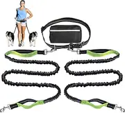 KIKNIN Hands Free Dog Leash with with Pouch-Waist Dog Running Leash with Adjustable Waist Belt & Dual Handle for 2 Medium Dogs, Retractable Reflective Bungee Dog Leash for Jogging Walking Hiking