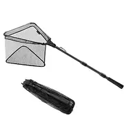 KOMCLUB Foldable Fishing Landing Net, Telescoping Pole Handle Fish Net with Rubber Coated Mesh Fly Fishing net for Easy Fish Catch and Release Freshwater and Saltwater Men Women Kids