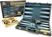 Matty's Toy Stop Deluxe 15" Backgammon Briefcase (Vinyl Gray Attache) with 3-in-1 Chess, Checkers & Backgammon Wooden Travel Games Set (8")
