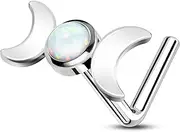 [CM Crareesi Mania] Nose Stud L Shape Nose Piercing Jewellery 20 g / 0.8 mm Double Moons & Opal Nose Studs 316L Stainless Steel Silver Nose Rings Nostril Piercing Jewellery for Women