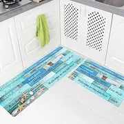 PCSWEET HOME Beach Wood Kitchen Rugs and Mats, Kitchen Floor Mat Non-Slip, 2 Piece Kitchen Rugs Set,Kitchen Mats for Floor, Boho Kitchen Runner Rug (Mint Green, 50cm x 80cm + 50cm x 120cm)