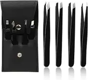 Eyebrow Tweezers Set - 4 Piece Stainless Steel Professional Tweezers for Eyebrows Facial Hair & Ingrown Hair Removal Splinter & Tick Remover False Eyelashes Tools for Men and Women (Black)