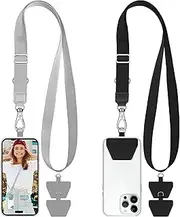 takyu 2 Pcs Adjustable Phone Lanyard Neck Strap, Universal Mobile Phone Lanyard with 4 Adhesive Tethers, Compatible for iPhone, Samsung, HUAWEI and Most Smartphone Black & Gray