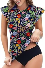 [WOWENY] Womens Padded Rash Guard Short Sleeve Swim Shirts 1/4 Zip UPF 50 Sun Protection Swimsuit Tankini Bathing Suit Top