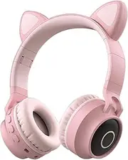 Bluetooth Wireless Headphones Over-Ear, Cat Ear Foldable Stereo Headsets with LED Light, TF Card Slot, Wireless/Wired Noise Cancelling Gaming Earphones for Kids Boys Girls Adults Pink