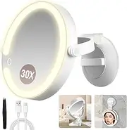 MOMOKUBA Magnifying Mirror with Light 30X, LED Bathroom Mirror with 3 Lighting Modes, 2-Sided 30x/1x Rotation Wall Mounted Makeup Mirror, Rechargeable Mirror with Lights and Suction Cup for Bathroom