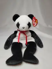 Ty Beanie Babies FORTUNE Black and White Panda Bear with Red Ribbon - Mint