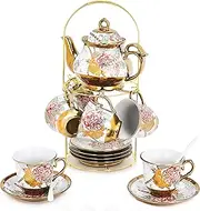 20 Piece European Ceramic Tea Set Porcelain Tea SetWith Metal Holder,Flower Tea Set Red Rose Painting