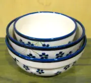 Boleslawiec Polish Pottery SET x 3 NEST BOWLS Blue flowers 6" /5.25" /4.25 " New