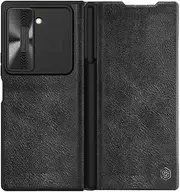 [Jarttarn] Case Compatible with Samsung Galaxy Z Fold 6 5G 2024, PU Leather Case with Slide Camera Cover, Lens Privacy Protection with Pen Slot for Samsung Galaxy Z Fold6 (Black)