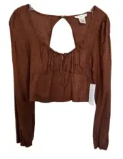 Kirious Women's Cropped Top Long Sleeve Scoop Neck Open Back Size L Brown