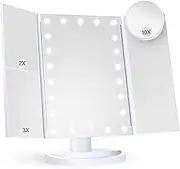 Makeup Mirror Vanity Mirror with Lights, 2X 3X 10X Magnification, Lighted Makeup Mirror, Touch Control, Trifold Makeup Mirror, Dual Power Supply, Portable LED Makeup Mirror, Women Gift (White)
