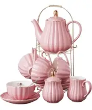 Fine China Pink Coffee Cup Teacup Set 7 Oz Cups & Saucer For 4 w/ Teapot