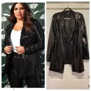Torrid 0 (0X size 12) SYLVIA MOLLIE LONGLINE BLAZER PARTY JACKET - SEQUIN BLACK