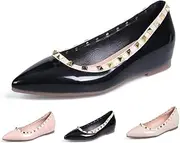 [Generic] Women's Patent Leather Closed Pointed Toe Rivet Shoes Fashion Adjustable Ankle Strap Rivet Gladiator Flats Dress Shoes for Work Party