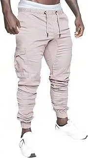 Men's Cargo Pants Elastic Waist Drawstring Causal Workout Gym Cargo Joggers Athletic Running Hiking Pants with Pockets