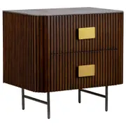 Calissa 66cm Bedside Table, Dark Walnut Plywood Oak & Steel & Stone Top& Brass