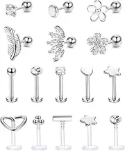 [Kakonia] Forward Helix Cartilage Tragus Earrings Stud Stainless Steel Acrylic Clear Lip Nose Rings Labret Studs CZ Flowers Leaf Opal Barbell Helix Cartilage Earring Monroe Piercing Jewelry 16G
