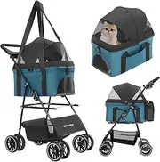 CHIHUAHUA 2-in-1 Foldable Pet Stroller with Canopy, 4 Wheels Pet Strolling Cart for Small/Medium Dogs and Cats with Removable Carrier,Breathable Mesh,Mom Tote Bag,Cup Holders,Easy Assembly,Black+Green