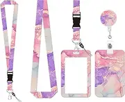 Checkzed Purple-Pink Marble Lanyards for Office ID Badges, Creative Badge Reel Retractable and Detachable Name Tag Clip, Retractable 24" UHMWPE Fiber Pull Cords, Suitable for Staff and Students