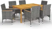 vidaxl Garden Dining Set 7-Piece - Grey Patio Table/Chairs - Solid Acacia Wood and PE Rattan - Outdoor Dining Furniture Set
