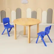 80CM Round Wooden Kids Table and 2 Blue Chairs Set Pinewood Timber Childrens Desk
