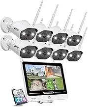 ZOSI 2K 8CH Wireless Security Camera System with 12.5in LCD Monitor,8pcs 3MP Spotlight Plug-in WiFi IP Camera Outdoor, 2 Way Audio,Color Night Vision,Pre-Installed 2TB HDD