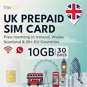 travSIM UK SIM Card | 10GB Data / 4G / 5G Speeds | Unlimited Calls | EU & UK Use | 30-Day Plan