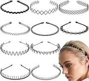 CHUCII Metal Hair Band for Men Headband Women Hair Bands Men Unisex Black Wavy Spring Outdoor Sports Headbands for Men's Hair Band Hoop Elastic Non Slip Head Band (Black, 10pcs)