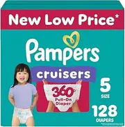 [Pampers] Diapers Size 5, 128 Count - Pull On Cruisers 360° Fit Disposable Baby Diapers with Stretchy Waistband, Packaging & Prints May Vary