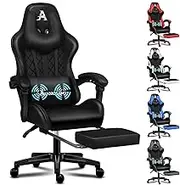 ALFORDSON Gaming Chair with Footrest and Massage Lumbar Cushion, Ergonomic Computer Office Chair with 150° Recline, PU Leather Video Game Desk Seater 180kg Capacity (Ethan Black)