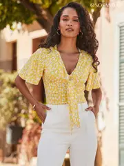Sosandar Yellow Print Ruched Detail Tie Neck Jersey Top (Q61054) | $104