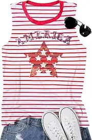 [BANGELY] American Flag Tank Top Women 4th of July Shirt Sequin Stars Graphic Shirt USA Patriotic Striped Casual Sleeveless Top, A-red, X-Large
