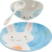 Kichvoe Ceramic Rabbit Bowl and Plate Set Boys and Girls Plates Bowls Set Cartoon Spoon for Family