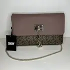 NEW!! DKNY Cleo Clutch, Chain Strap, DKNY Charm Accents, Magnetic Close, Purple