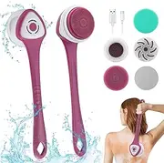 LINGSFIRE Electric Body Bath Brush, Rechargeable Back Brush Long Handle for Shower with 5 Spin Shower Facial Brush Head Waterproof Silicone Body Scrubber Exfoliating Deep Cleansing Brush for Women Men