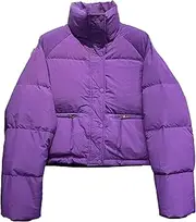 [Generic] Women's Cream Short Puffer Jacket High-Neck Collar Front Zipper & Snap Buttons Quilted Design with Drawstring Pockets