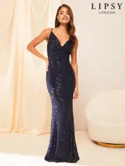 Lipsy Navy 1 Petite Short Sleeve Cowl Neck Sequin Maxi Dress (AY9292) | $346